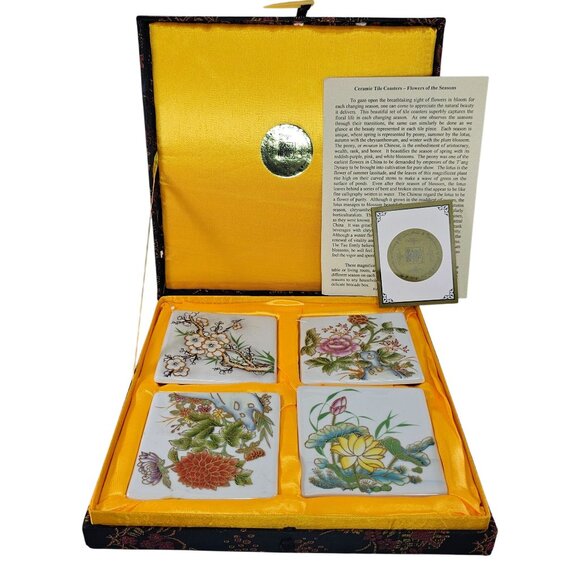Yi Lin Arts & Treasures Ceramic Tile Coasters Flowers Of The Seasons Brocade Box - Picture 1 of 8